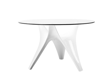 Nowoczesny okrągły szklany stół z białą rozłożystą podstawą Ø120x75 cm FT318