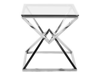 Nowoczesny szklany stolik kawowy osadzony na geometrycznej podstawie 50x51 cm J066